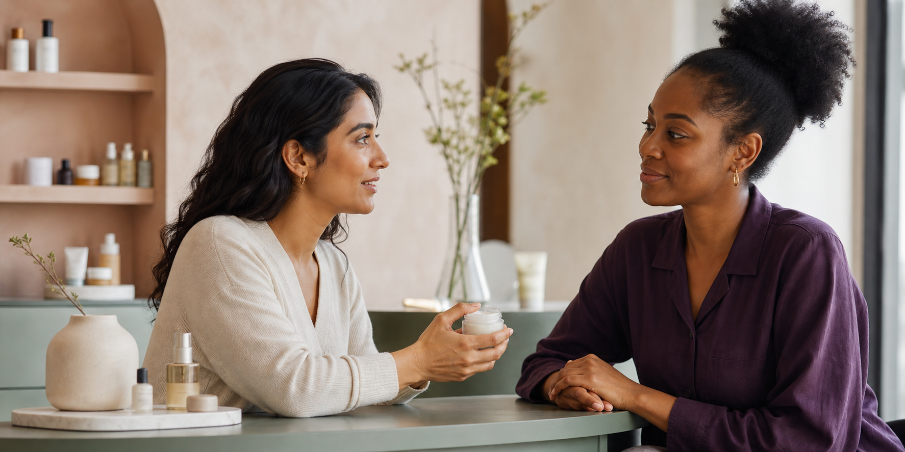 A customer and Nebula beauty adviser discussing a skincare cream