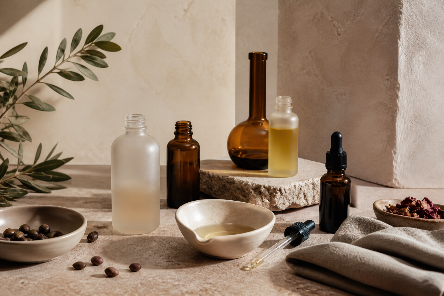 Frosted and amber formulation bottles with ceramic dishes on a warm stone worktable